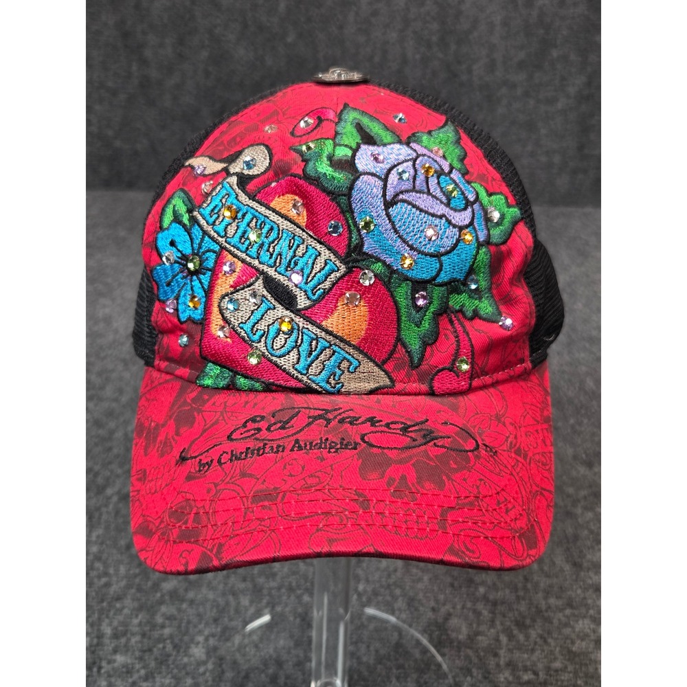 Ed Hardy Christian Audigier Eternal Love Rhinestone Trucker Hat Red Black